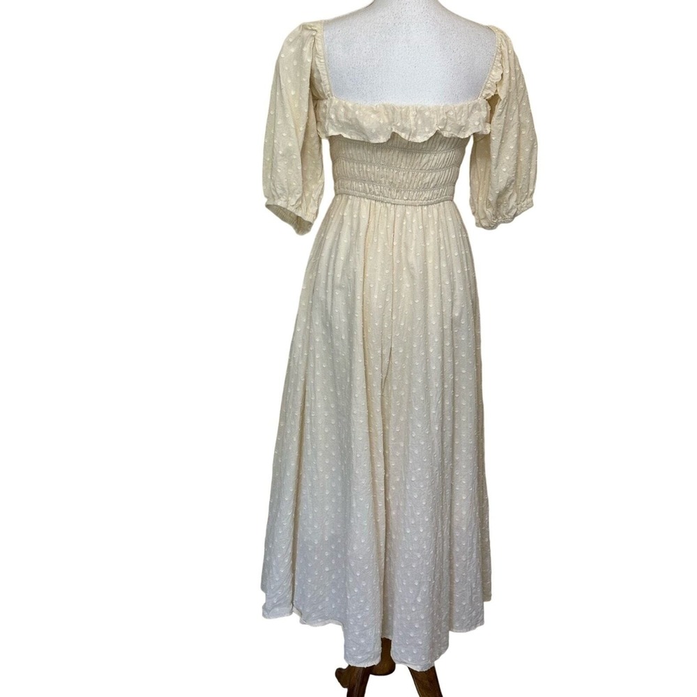 R. Vivimos Cream Swiss Dot Smocked Puff Sleeve Midi Dress Cottagecore Small - Picture 3 of 6